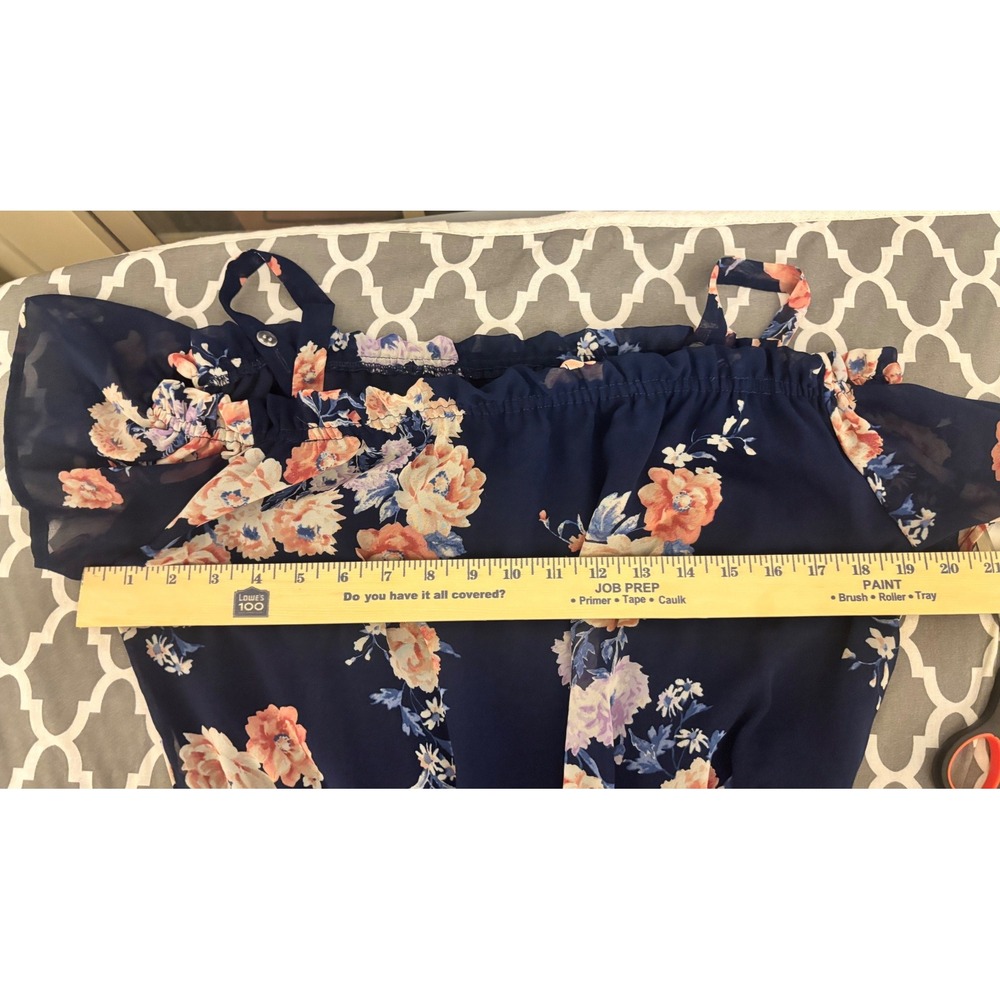 Floral Romper Dress Navy Blue Hi-Low Cold Shoulder Chiffon Boho Large - Picture 6 of 11